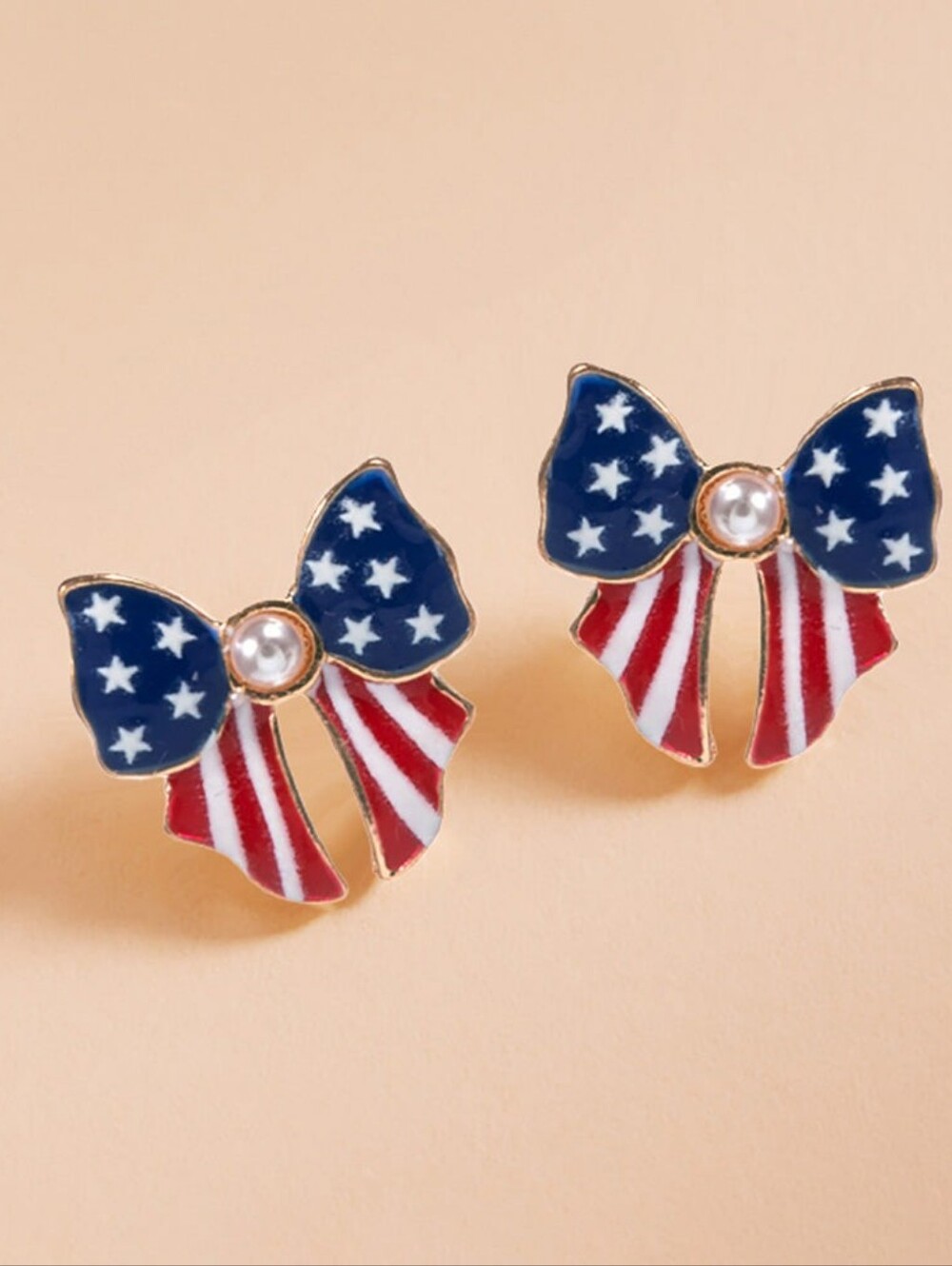 Pearl Pointed Enamel American USA Flag Bow Stud Earrings